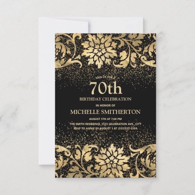 Invitation Elégante Parties scintillant Florale d'or noir 70e (Devant)