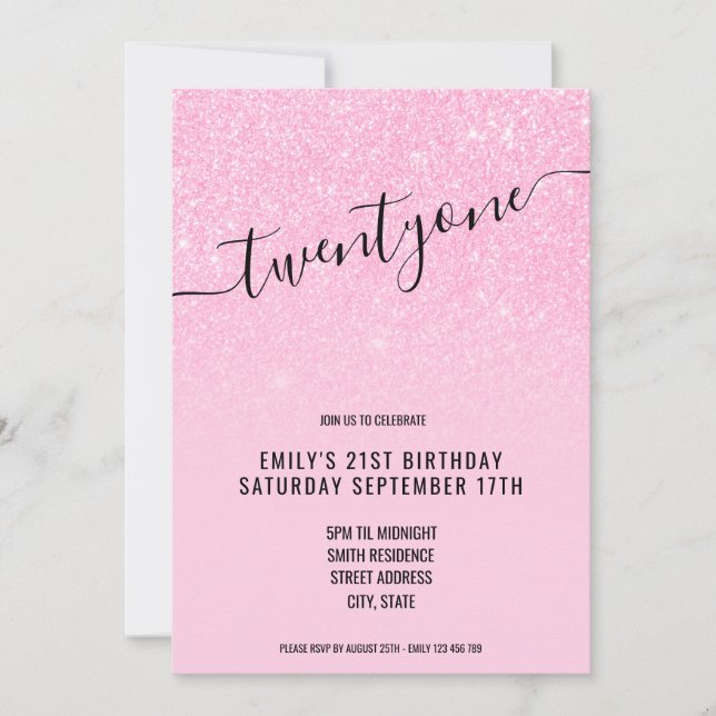 Invitation Élégante Parties scintillant Glam rose 21e anniver (Devant)