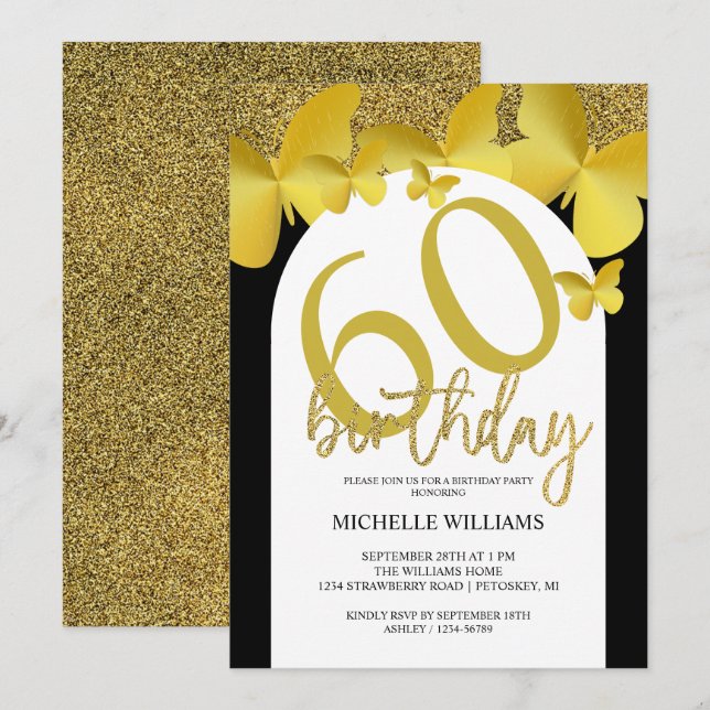Invitation Élégante Parties scintillant Gold Butterfly Callig (Devant / Derrière)