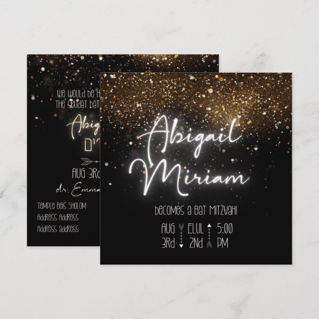 Invitation Élégante Parties scintillant Hébreu Bat mitzvah In (Devant / Derrière)