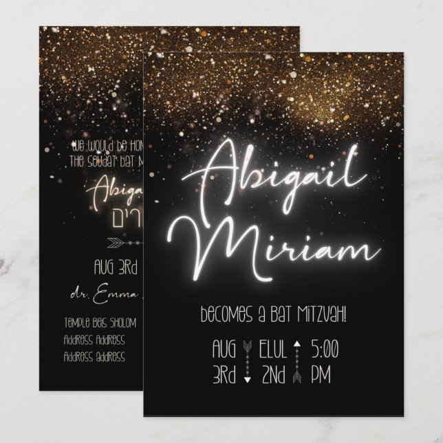 Invitation Élégante Parties scintillant Hébreu Bat mitzvah In (Devant / Derrière)