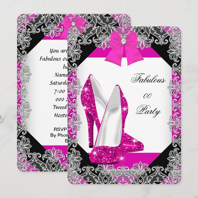 Invitation Elégante Parties scintillant Hot rose Stiletto fêt (Devant / Derrière)