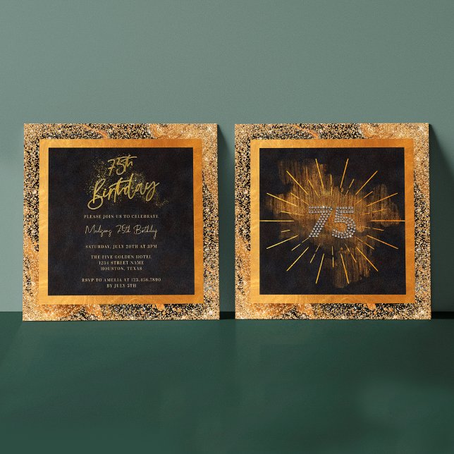 Invitation Elégante Parties scintillant Noir et Or 75e annive (Front / Back)