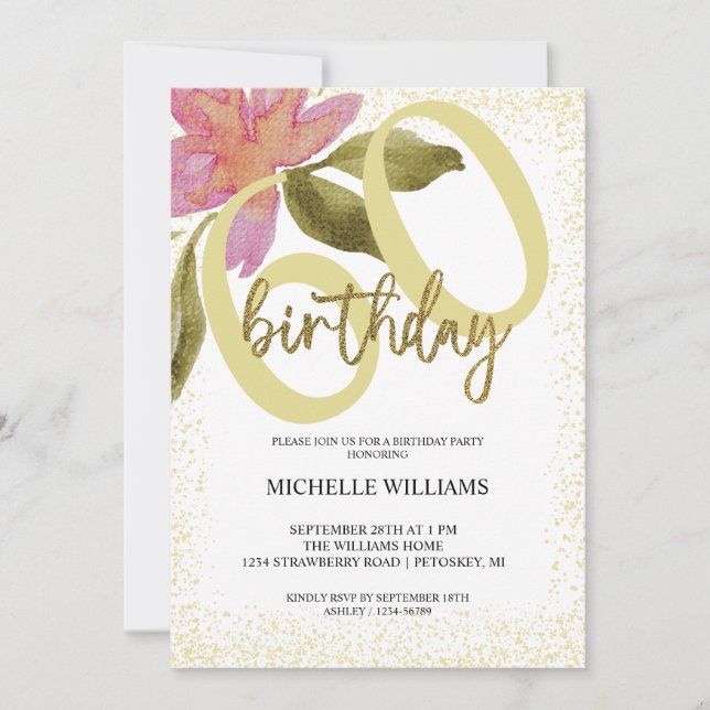 Invitation Elégante Parties scintillant or Aquarelle Floral C (Devant)