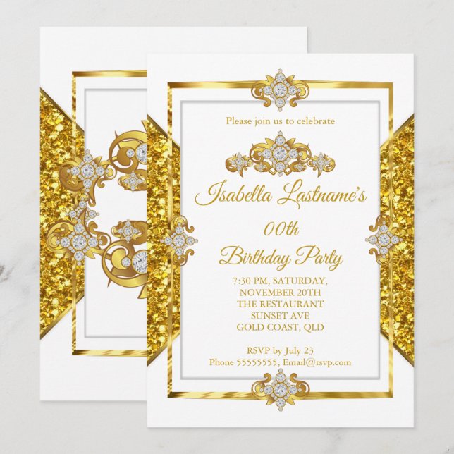 Invitation Elégante Parties scintillant Or Blanc Diamant Anni (Devant / Derrière)