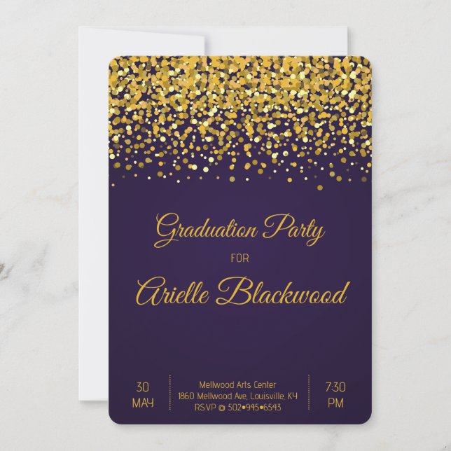 Invitation Elégante Parties scintillant Or & Blue Graduation  (Devant)