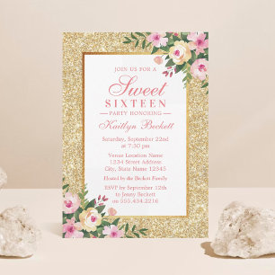 Invitation Elégante Parties scintillant or Floral Sweet 16 An