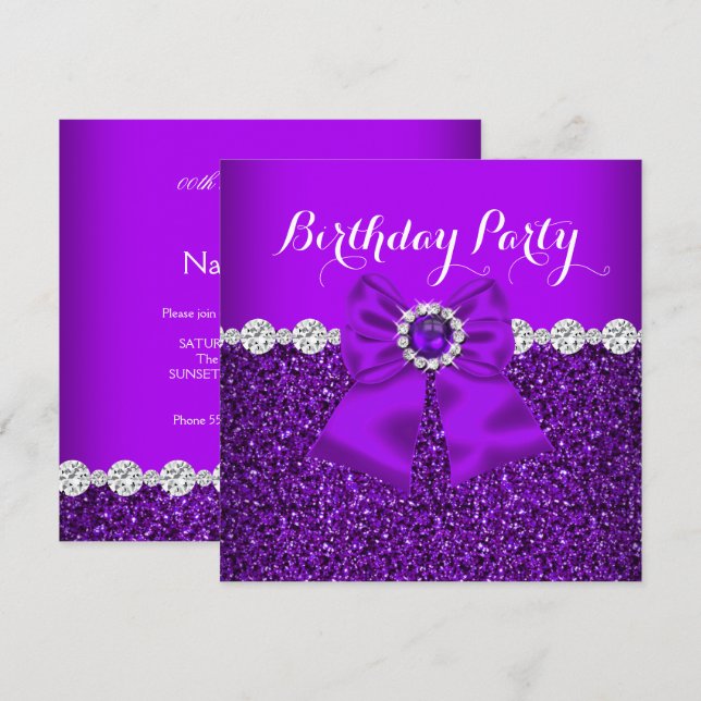 Invitation Elégante Parties scintillant Purple Pearl Diamonds (Devant / Derrière)