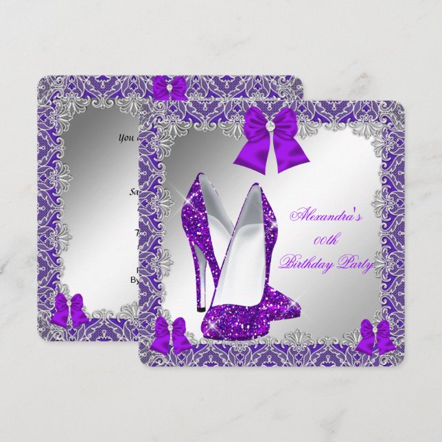 Invitation Elégante Parties scintillant Purple Stiletto fête  (Devant / Derrière)