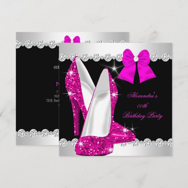 Invitation Elégante Parties scintillant rose chaud talons hau (Devant / Derrière)