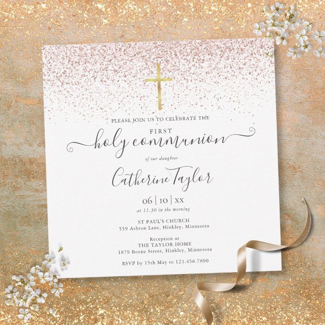Invitation Élégante Parties scintillant Rose d'or Première co (Elegant Rose Gold Glitter First Holy Communion Invitation)