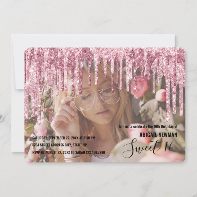 Invitation Élégante parties scintillant rose en or goutte swe (Devant)