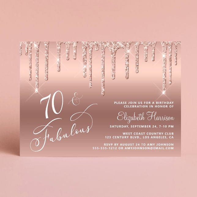 Invitation Elégante Parties scintillant Rose Gold 70e fête d' (Celebrate her 70 years of sparkle with an elegant rose gold glitter birthday party invitation)