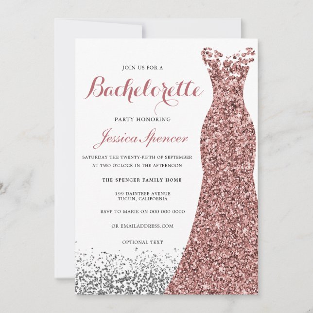 Invitation Élégante Parties scintillant Rose Gold Robe Bachel (Devant)