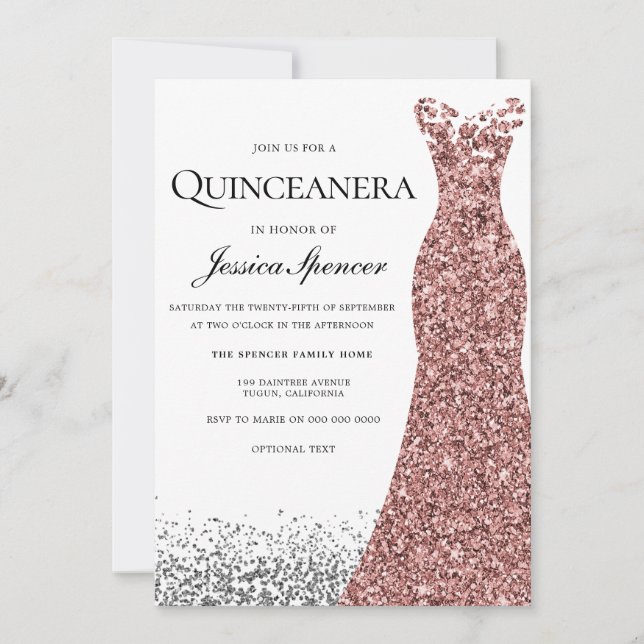 Invitation Elégante Parties scintillant Rose Gold Robe Quince (Devant)