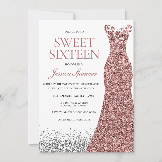 Invitation Élégante Parties scintillant Rose Gold Robe Sweet  (Devant)