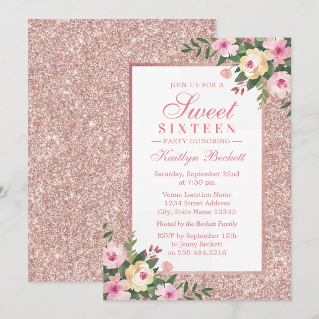 Invitation Elégante Parties scintillant Rose or Floral Sweet  (Devant / Derrière)