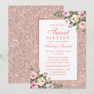 Invitation Elégante Parties scintillant Rose or Floral Sweet