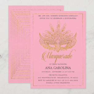 Invitation Elégante Parties scintillant rose or Masquerade Qu