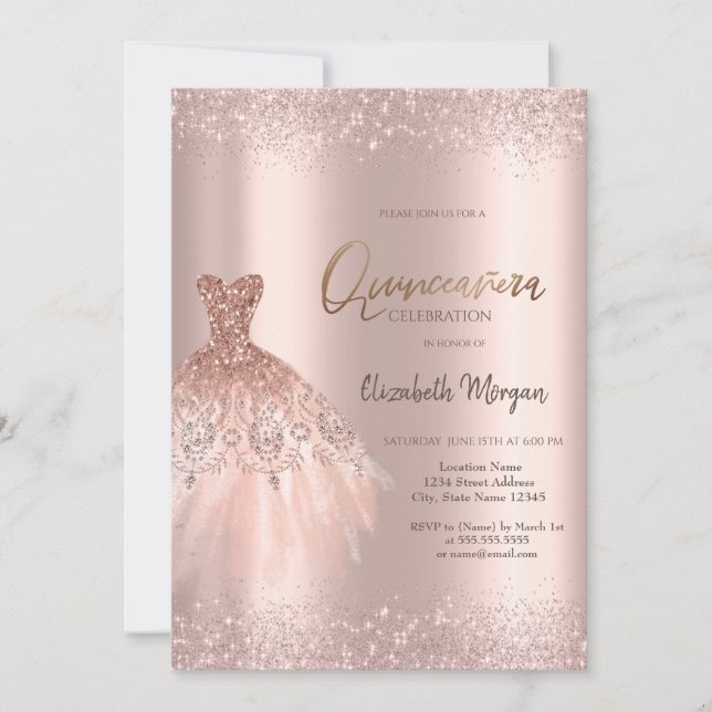 Invitation Elégante Parties scintillant Rose or Robe Dusty Qu (Devant)