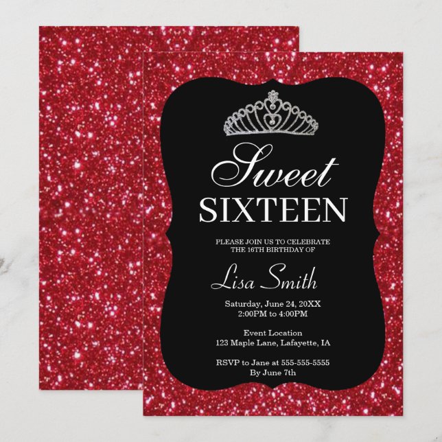 Invitation Élégante Parties scintillant rouge chic Tiara Swee (Devant / Derrière)