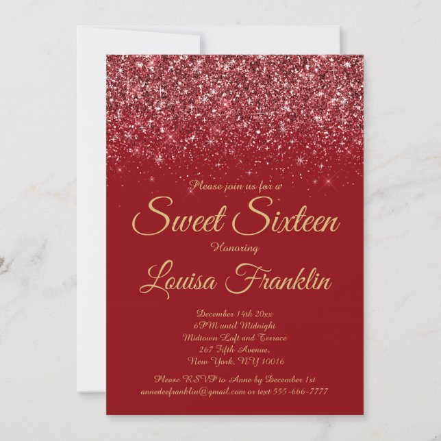 Invitation Elégante Parties scintillant rouge & Gold Sweet 16 (Devant)