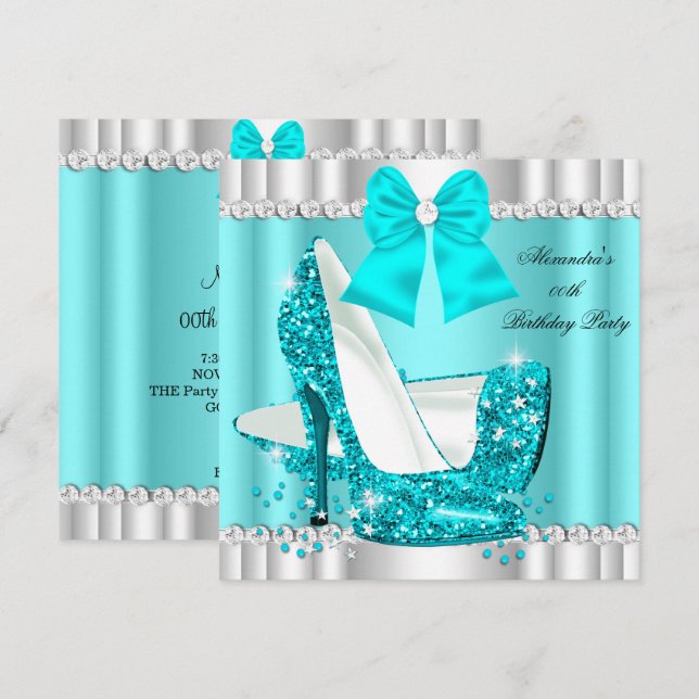 Invitation Elégante Parties scintillant Turquoise Blue Glamor (Devant / Derrière)