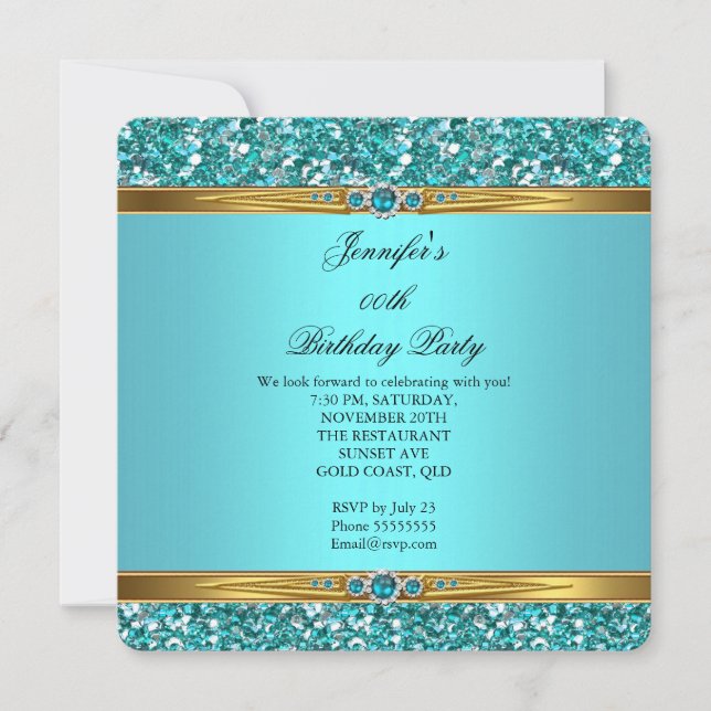 Invitation Elégante Parties scintillant Turquoise Gold Diamon (Devant)