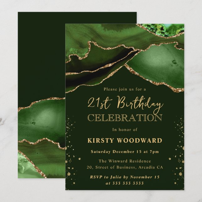 Invitation Élégante Parties scintillant verte et or Agate 21e (Devant / Derrière)
