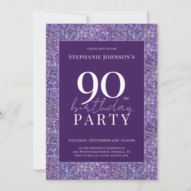 Invitation Elégante Parties scintillant violet 90e fête d'ann (Devant)