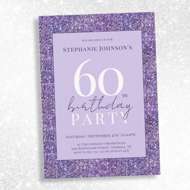 Invitation Elégante Parties scintillant violette 60ème annive (Elegant Purple Glitter 60th Birthday Party Invitation)