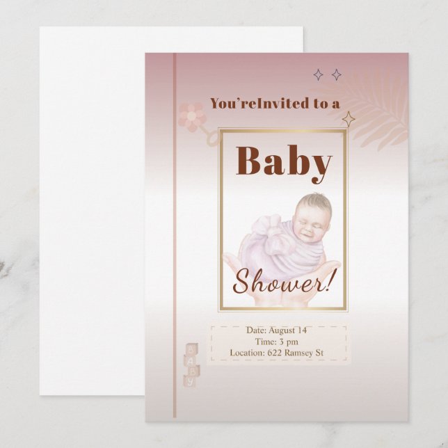 Invitation élégante Pastel Pink & Gold Baby shower (Devant / Derrière)