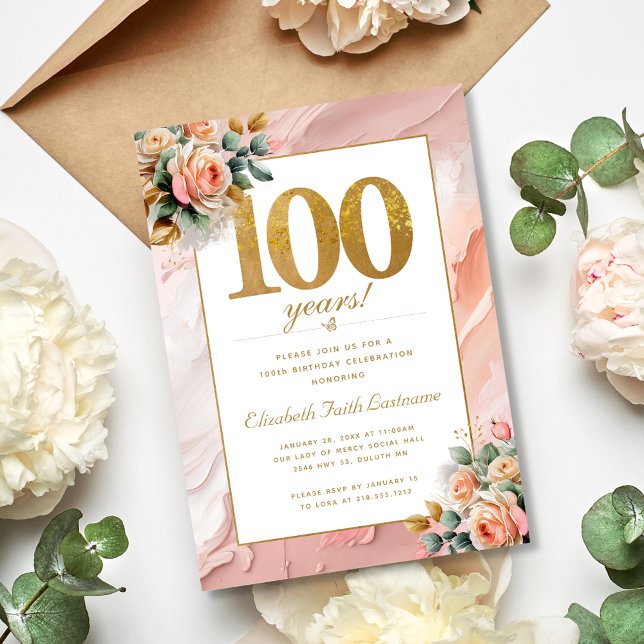 Invitation Elégante Peach Or rose Floral 100e anniversaire (Créateur téléchargé)