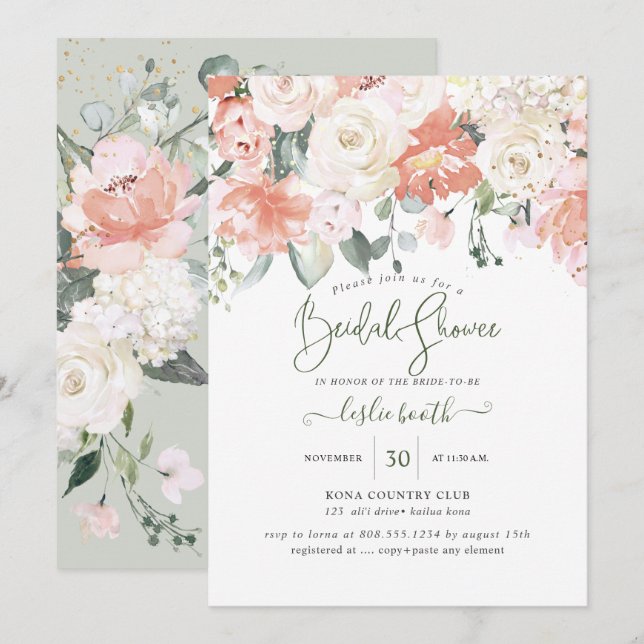 Invitation Elégante Peach Peonies Crème Roses Fête des mariée (Devant / Derrière)