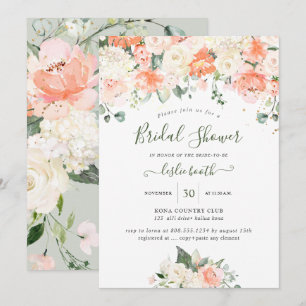 Invitation Elégante Peach Peonies Crème Roses Fête des mariée