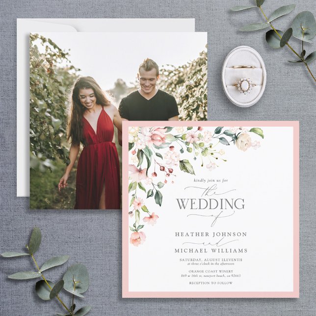 Invitation Elégante Peach Pink Aquarelle Florale Mariage Phot (Créateur téléchargé)