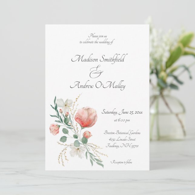 Invitation Elégante Pêche Aquarelle et Mariage Floral Vert (Debout devant)