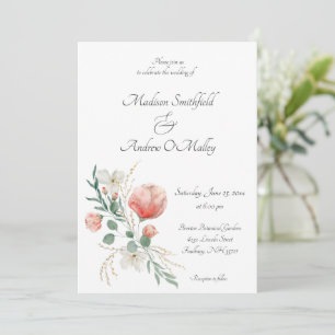 Invitation Elégante Pêche Aquarelle et Mariage Floral Vert
