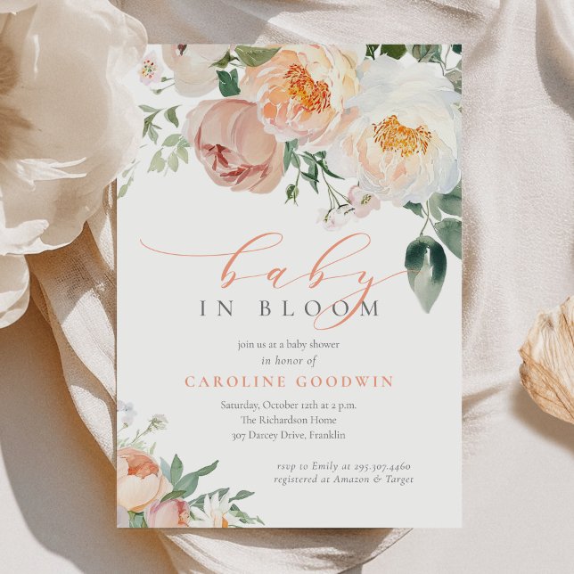 Invitation Élégante Pêche Baby Dans Fleur Baby shower Fille (Créateur téléchargé)