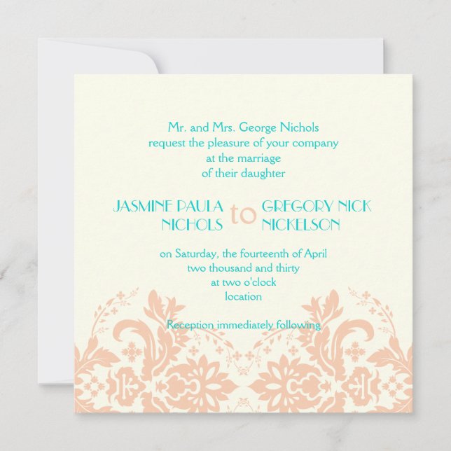 Invitation Elégante pêche damasée, aqua, mariage d'ivoire (Devant)