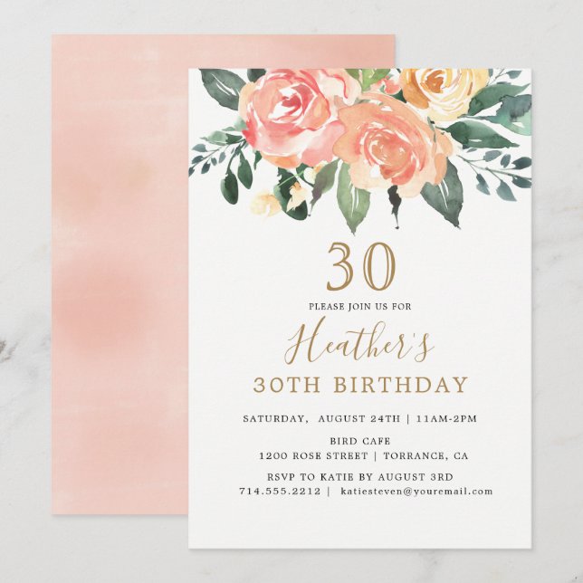 Invitation Elégante Pêche et Gold Floral 30e anniversaire (Devant / Derrière)