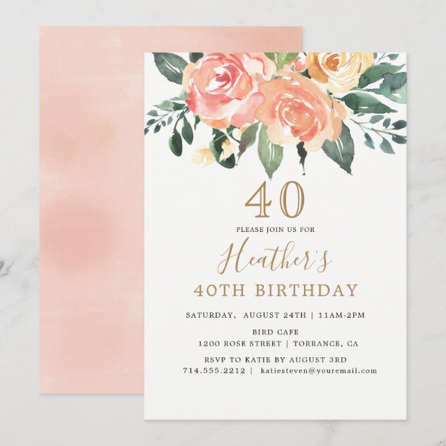 Invitation Elégante Pêche et Gold Floral 40e anniversaire (Devant / Derrière)