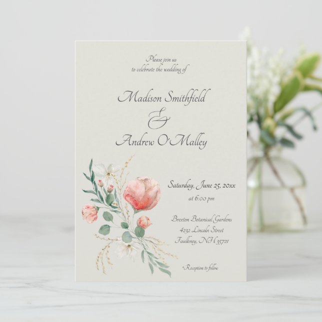 Invitation Elégante Pêche et vert Aquarelle Mariage Floral (Debout devant)