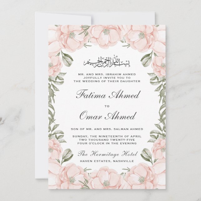 Invitation Élégante Pêche Florale Feuille musulmane Mariage m (Devant)