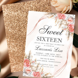 Invitation Elégante Pêche Florale Parties scintillant douce 1