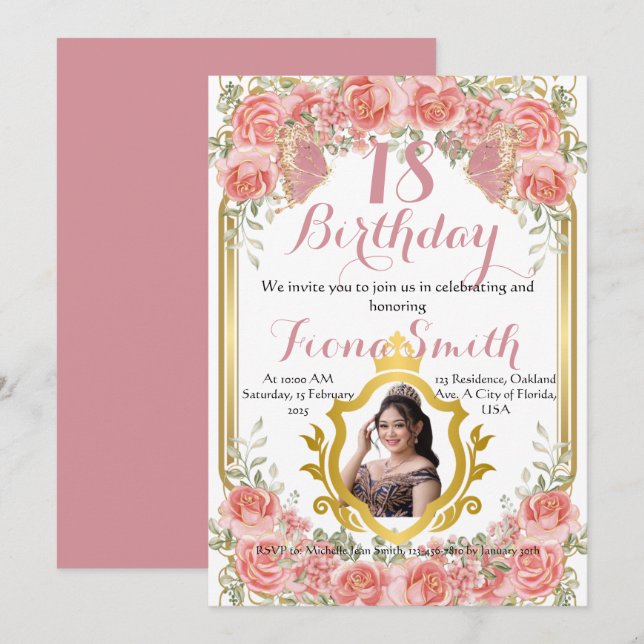 Invitation Elégante Pêche Roses Floral Anniversaire voiture d (Devant / Derrière)