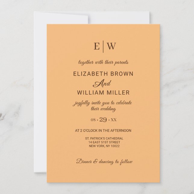 Invitation Elégante Pêche Simple, Mariage Monogramme (Devant)