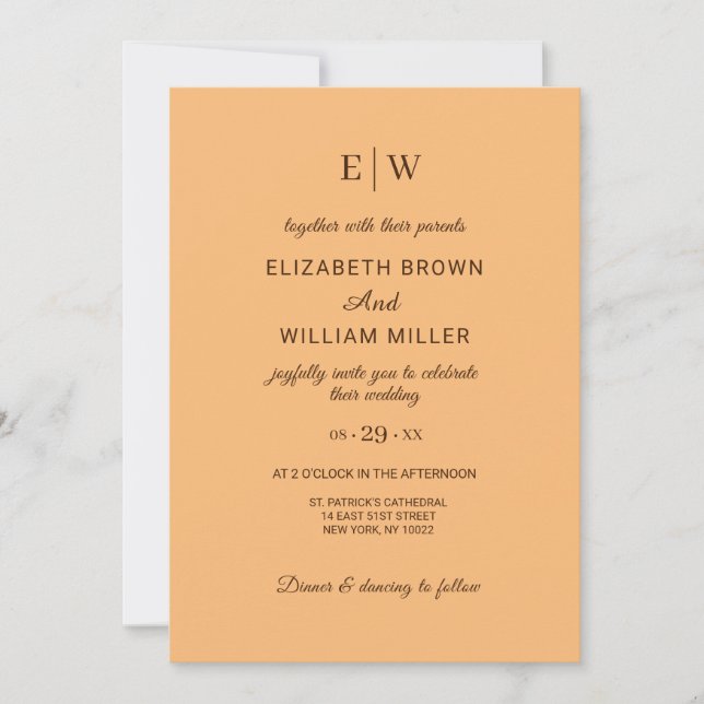 Invitation Elégante Pêche Simple, Mariage Monogramme (Devant)