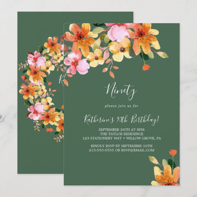 Invitation Elégante peinture florale 90e anniversaire Invitat (Devant / Derrière)