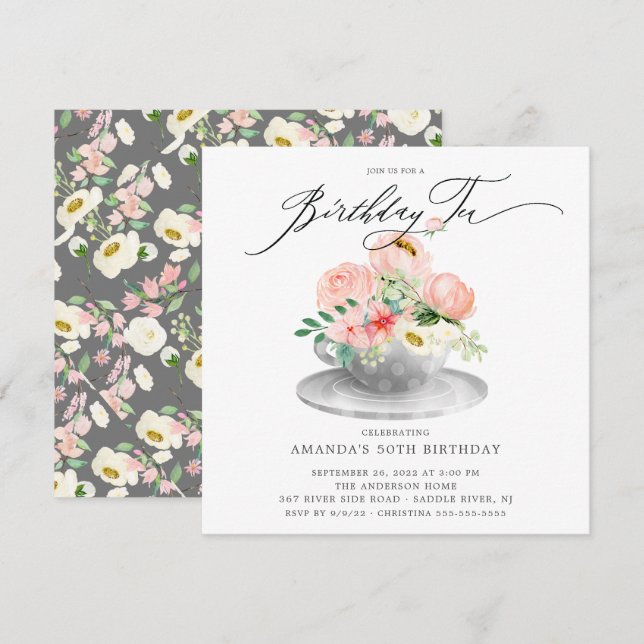 Invitation Elégante Peonies roses Floral Birthday Tea Invitat (Devant / Derrière)